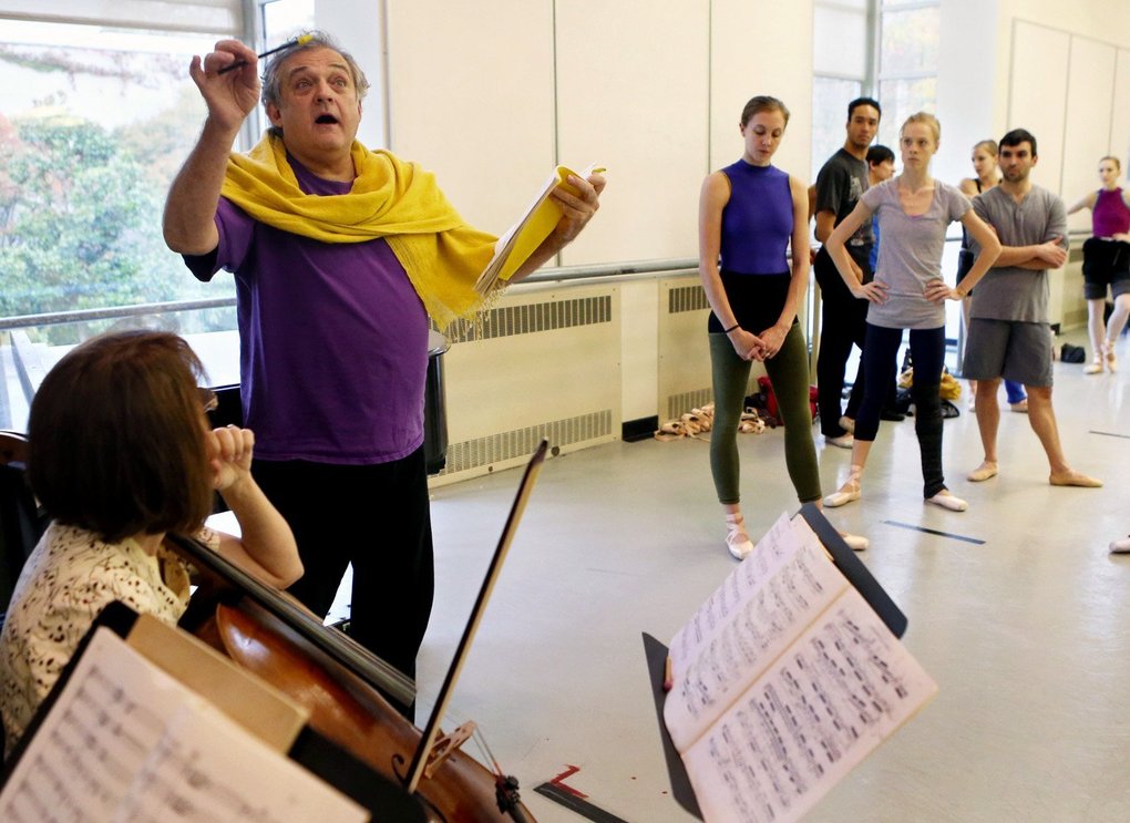 Choreographer Mark Morris leads musicians during rehearsal for his new “Kammermusik No. 3,” his first piece for PNB in more than 30 years. Photo curtesy of The Seattle Times.